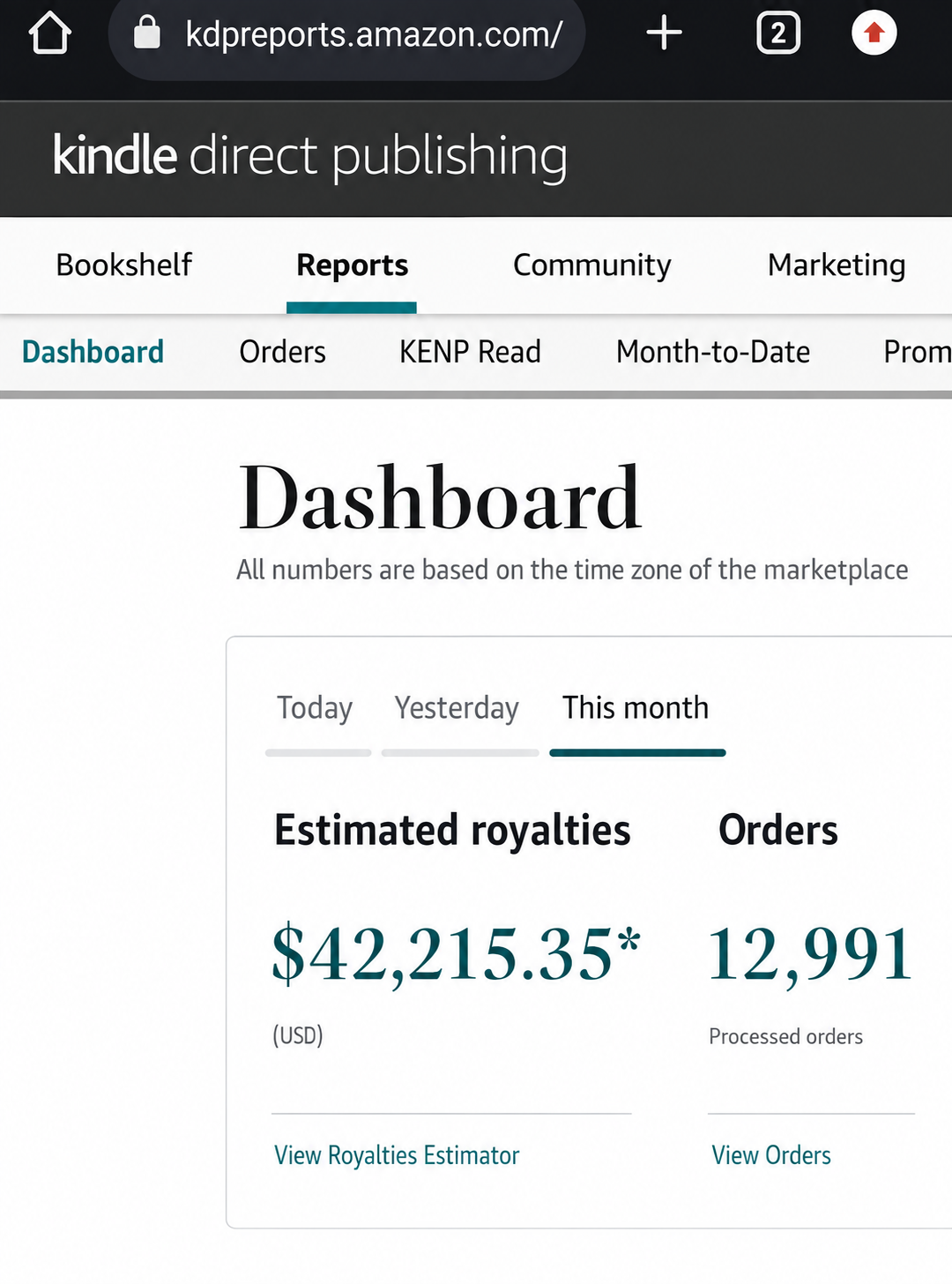 Author-Submitted — Amazon KDP Dashboard — $42,215 Estimated Royalties (This Month)